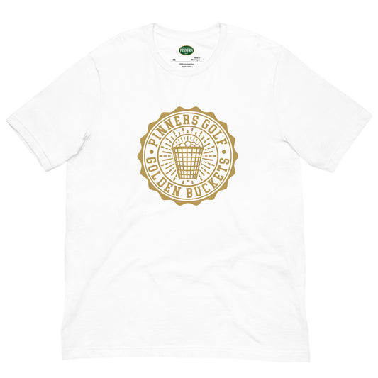 Pinner's Golf - Golden Buckets Badge Premium Short Sleeve T-Shirt (White)